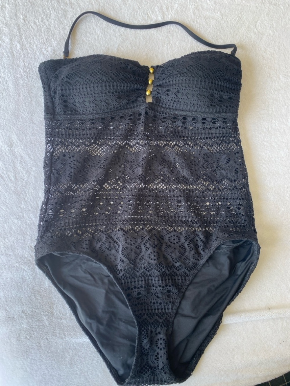 Lauren Ralph Lauren Black Lace One-Piece Bodysuit with Gold Accents